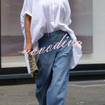 Street Style Denim Asymmetrical Pocket Design Mid Rise Distressed Wide Leg Jeans