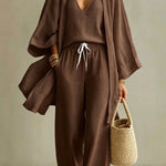 Linen Blend Solid Color Loose Cardigan V-neck Sleeveless Vest and Elastic Waist Pocket Straight Leg Pants Three-piece Set
