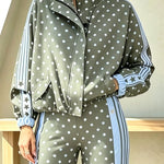 Lucienne Polka Dot Striped Star Print Zipper High Neck Pocket Sporty Jacket
