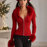 Lapel Zipper Faux Fur Collar Knitted Cardigan