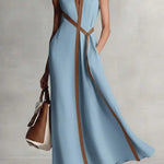 Linen Blend Color-blocked Edging V-neck Sleeveless Loose Maxi Dress