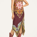 Bohemian Style Floral Print Tassel Trim Irregular Hem Slit Scarf Midi Dress
