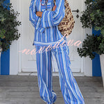 Althea Striped Print Lace-up Neck Long Sleeve Top and Elastic Waist Pocket Lantern Pants Set