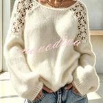 Faux Mink Knit Crochet Flowers Shoulder Wide Neck Long Sleeve Loose Sweater