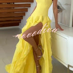 Elegant Sleeveless Off-shoulder Fitted Ruffled High Slit Maxi Dress