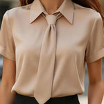 Solid Color Collared Tie Short-sleeved Casual Shirt