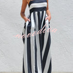 Color-blocked Striped Print Square Neck Suspender Casual Pocket Maxi Dress