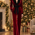 【24-hour shipping out】Retro Fashion Lapel Belt Different Color Velvet Stitching Jumpsuit