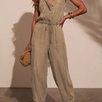 Stylish Collared Sleeveless Elastic Waist Tie Casual Pocket Denim Jumpsuit