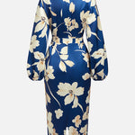 Loose Puff Sleeves Floral Printed Pleated Split-Joint V-Neck Midi Dresses