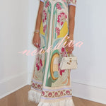 Jazlynn Satin Colorful Baroque Style Printed Short Sleeve Feather Trim Maxi Dress