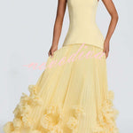 Serafina Strapless Back Lace-up Handcrafted Floral Appliqués Pleated Hem Gown Maxi Dress