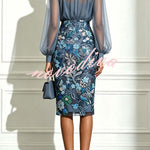 Analie Chiffon High Neck Lantern Sleeve Floral Sequined Hem Sheath Midi Dress
