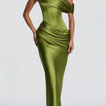 Ella Satin Detachable Asymmetric Off Shoulder Drape Panel Back Lace-up Maxi Dress