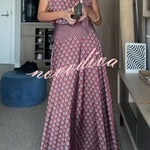 Dalena Satin Art Print High Tie-up Neck Short Sleeve Top and High Rise Maxi Skirt Set