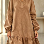 Suede Zipper Neck Long Balloon Sleeve Ruffle Hem Mini Dress