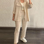 Zeagoo Double Crepe Loose Oversized Lapel Long Sleeve Shirt Casual Pants Set