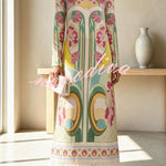 Cecilia Satin Colorful Baroque Style Printed Long Sleeve Feather Trim Maxi Dress