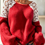 Faux Mink Knit Crochet Flowers Shoulder Wide Neck Long Sleeve Loose Sweater