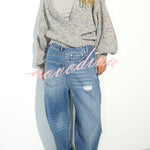 Street Style Denim Asymmetrical Pocket Design Mid Rise Distressed Wide Leg Jeans