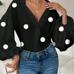Stylish Polka Dot Print Collared Puff Sleeve Loose Shirt