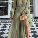 Geisha Lightweight Crepe Feather Trim Sleeve Ruched Waist Slit Maxi Dress