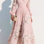Floral Print V-neck Long-sleeved Fitted Waist Casual Maxi Dress