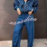 Kadence Polka Dot Zipper Lapel High Neck Drawstring Hem Sporty Jacket