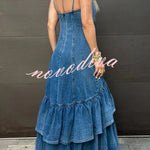 Graceful Smile Denim Back Zipper Slip Layered Ruffle Hem Maxi Dress