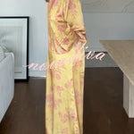 Floral Print Satin Knotted Button Long Sleeve Shirt and Elastic Waist Pocket Wide Leg Pants Set