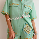 Linen Blend Loose-fitting Short-sleeved Button-down Shirt and Casual Pocket Shorts Set