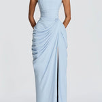 Cyra Back Lace-up Asymmetrical Pleats Strapless Slit Maxi Dress