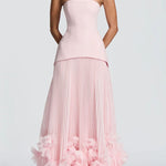 Serafina Strapless Back Lace-up Handcrafted Floral Appliqués Pleated Hem Gown Maxi Dress