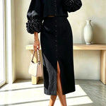 Linen Blend Flowers Buttons Floral Cuffs Sleeve Top and Elastic Waist Pocket Midi Skirt Set