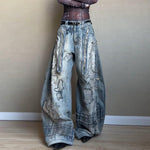 Stitch Embroidery Dyed Denim Loose Wide Leg Scimitar Pants