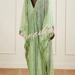 Gianna Sequin Deep V-neck Batwing Sleeve Fringed Trim Slit Gown Maxi Dress