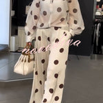Grazia Polka Dot Sheer Long Balloon Sleeve Shirt and Elastic Waist Pocket Wide Leg Pants Set