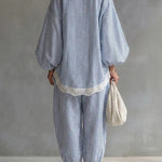 Striped Printed V-neck Lantern Sleeve Lace-trimmed Loose Top and Elastic Waist Casual Wide-leg Pants Set