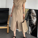Zeagoo Women's Cotton Linen Dress Round Neck Single Breasted Button Sleeves Drawstring Slit Mid Length Dress