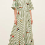 Linen Blend Striped Print Collared Short-sleeved Fitted Waist Belted Casual Maxi Dress