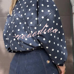 Kadence Polka Dot Zipper Lapel High Neck Drawstring Hem Sporty Jacket