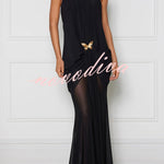 Touch of Drama Mesh Butterfly Metal Clips One Shoulder Backless Maxi Dress