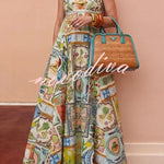 Sea Calling Linen Blend Unique Print Scalloped Detail Back Smocked Pocket Maxi Dress