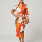 Leya | Long Sleeve Collared Wrap Stripe Pattern Midi Dress