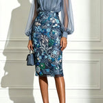 Analie Chiffon High Neck Lantern Sleeve Floral Sequined Hem Sheath Midi Dress