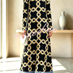 Cecilia Satin Colorful Baroque Style Printed Long Sleeve Feather Trim Maxi Dress