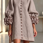 Rima Linen Blend Flowers Button Down Floral Cuffs Half Sleeve Mini Dress
