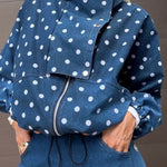 Kadence Polka Dot Zipper Lapel High Neck Drawstring Hem Sporty Jacket