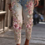 3D Floral Print Pocket Casual Jeans