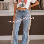 Western Cowgirl Denim High Rise Side Tassels Trim Pocket Flare Jeans